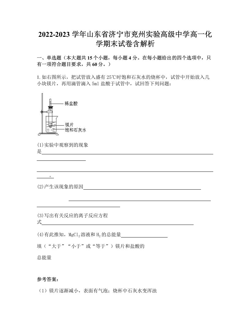 2022-2023学年山东省济宁市兖州实验高级中学高一化学期末试卷含解析