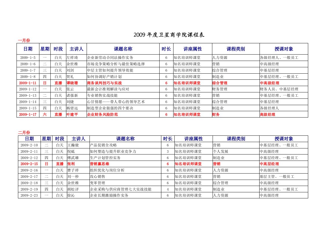 度卫星商学院课程表