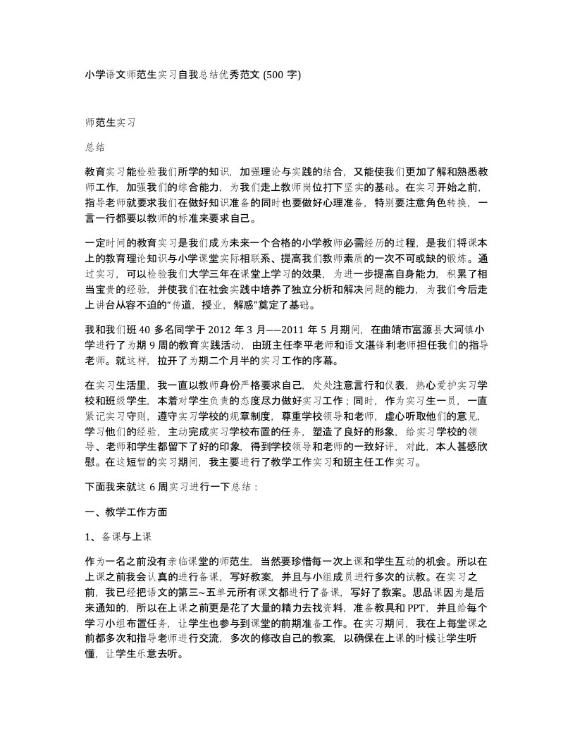 小学语文师范生实习自我总结优秀范文500字