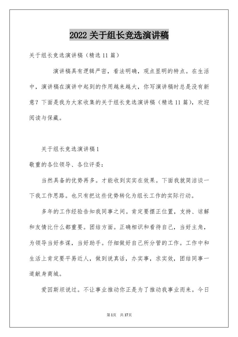 2022关于组长竞选演讲稿