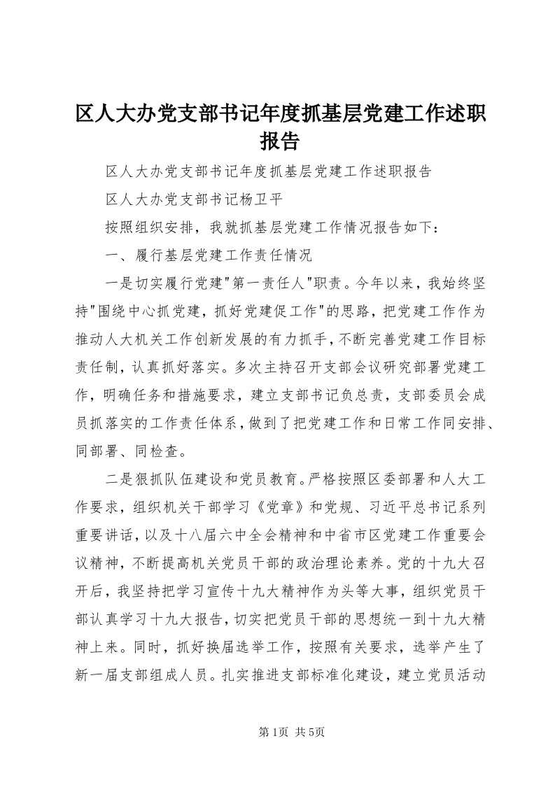 5区人大办党支部书记年度抓基层党建工作述职报告