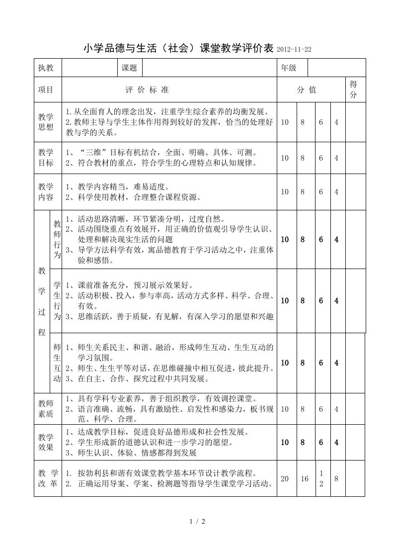 小学品德与生活(社会)课堂教学评价表