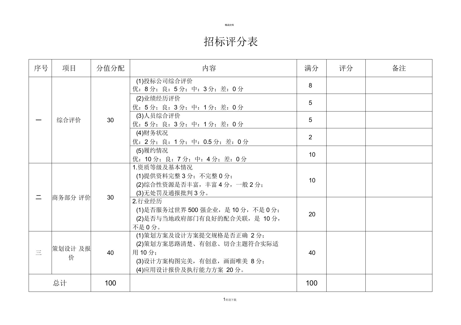 招标评分表