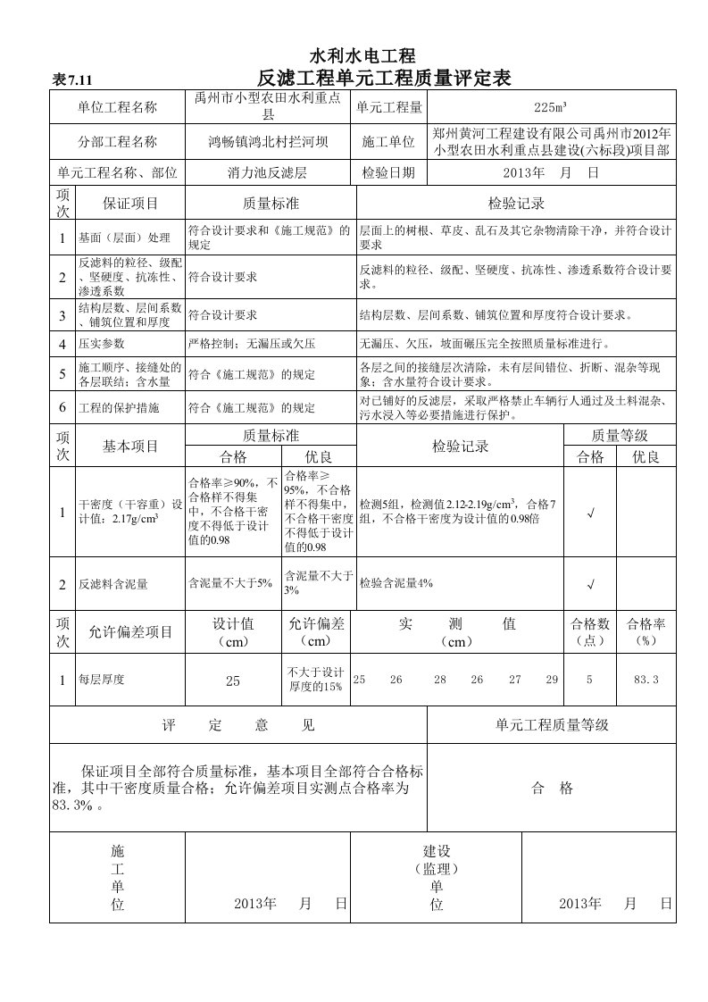 13反滤层工程单元工程质量评定表