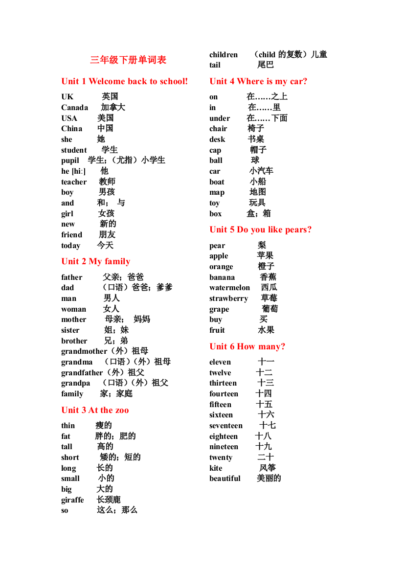 PEP新版小学三年级下册单词表