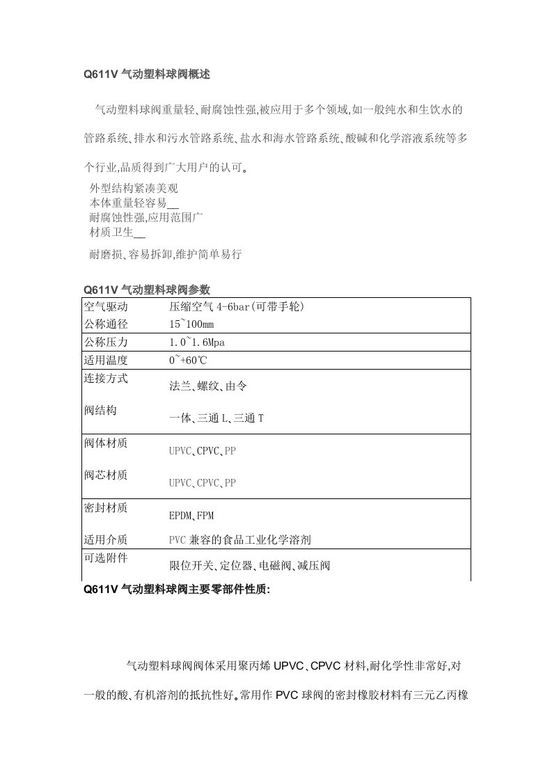 q611v气动塑料球阀概述