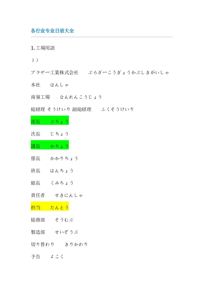 各行业日语大全