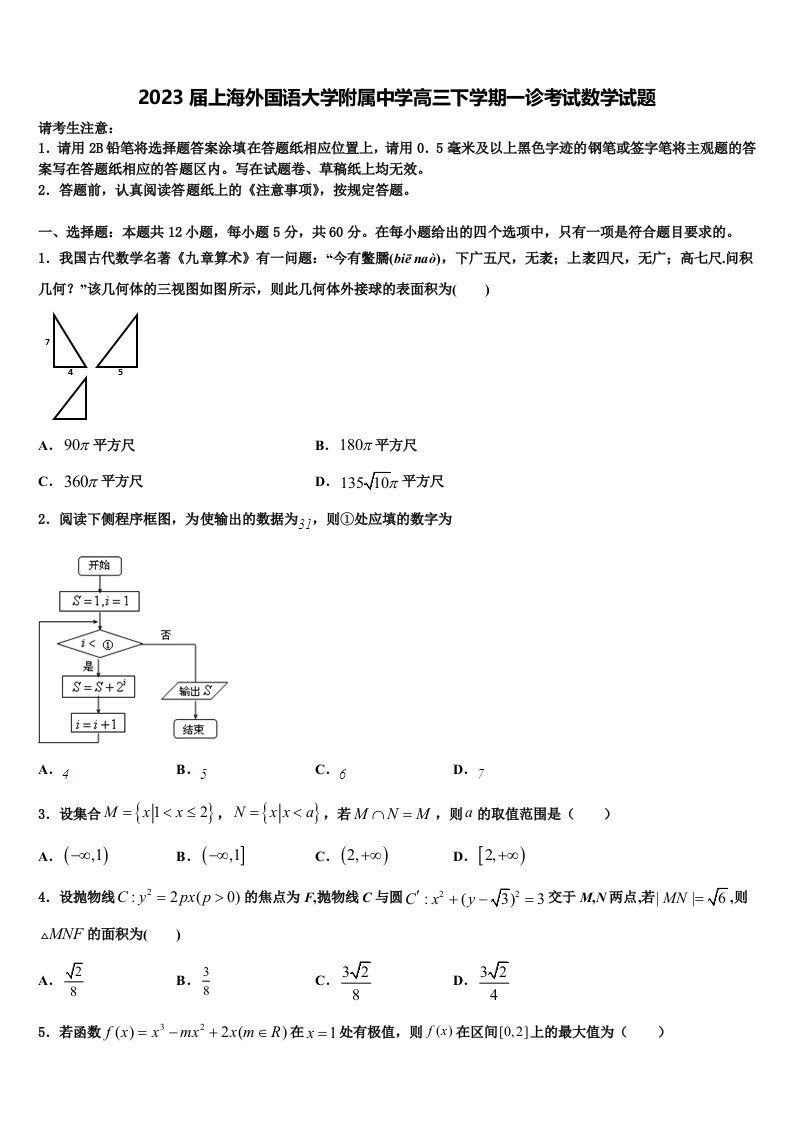 2023届上海外国语大学附属中学高三下学期一诊考试数学试题