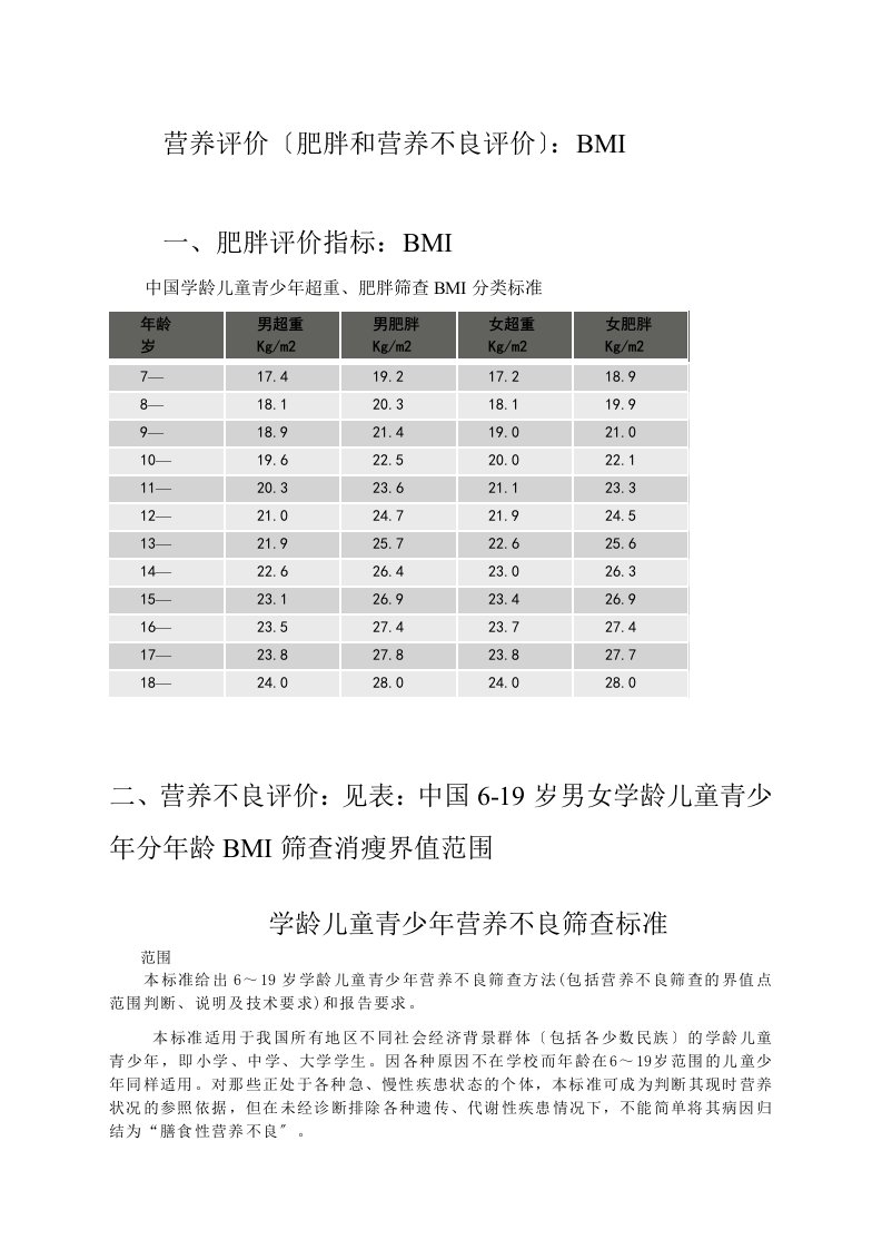 营养评价标准