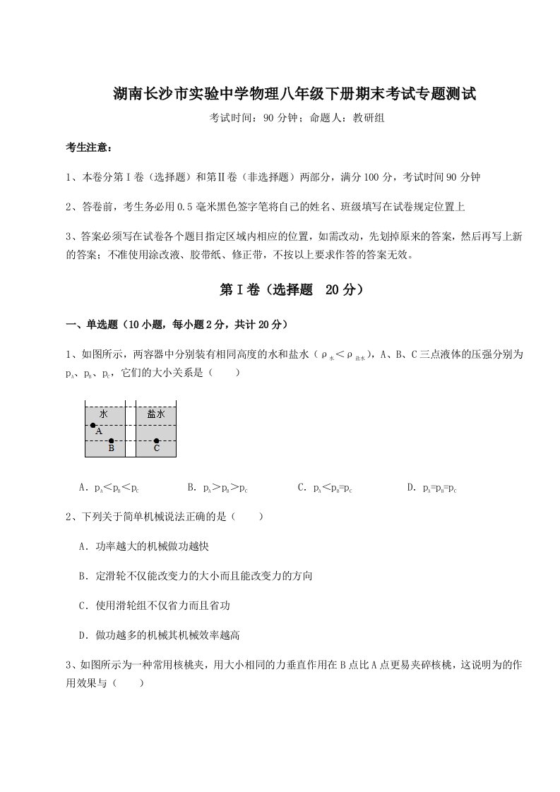 2023年湖南长沙市实验中学物理八年级下册期末考试专题测试试题（含解析）