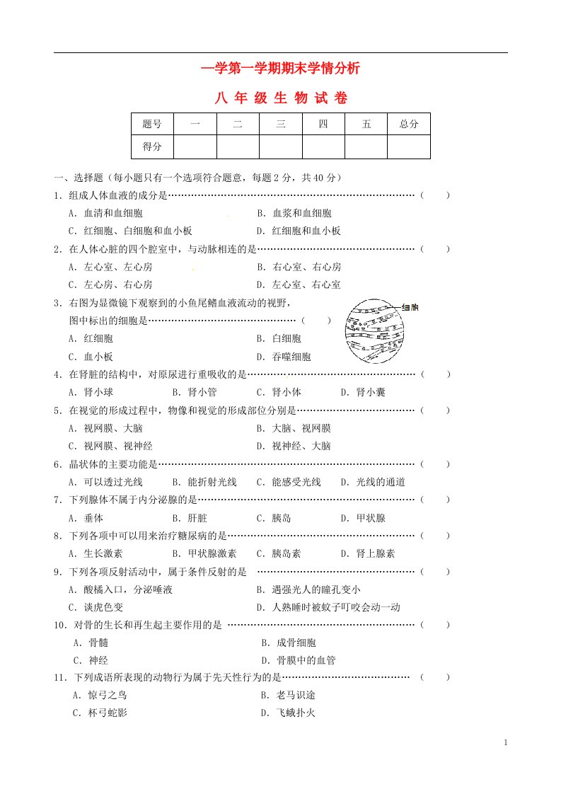 江苏省句容市天王中学八级生物上学期期末试题