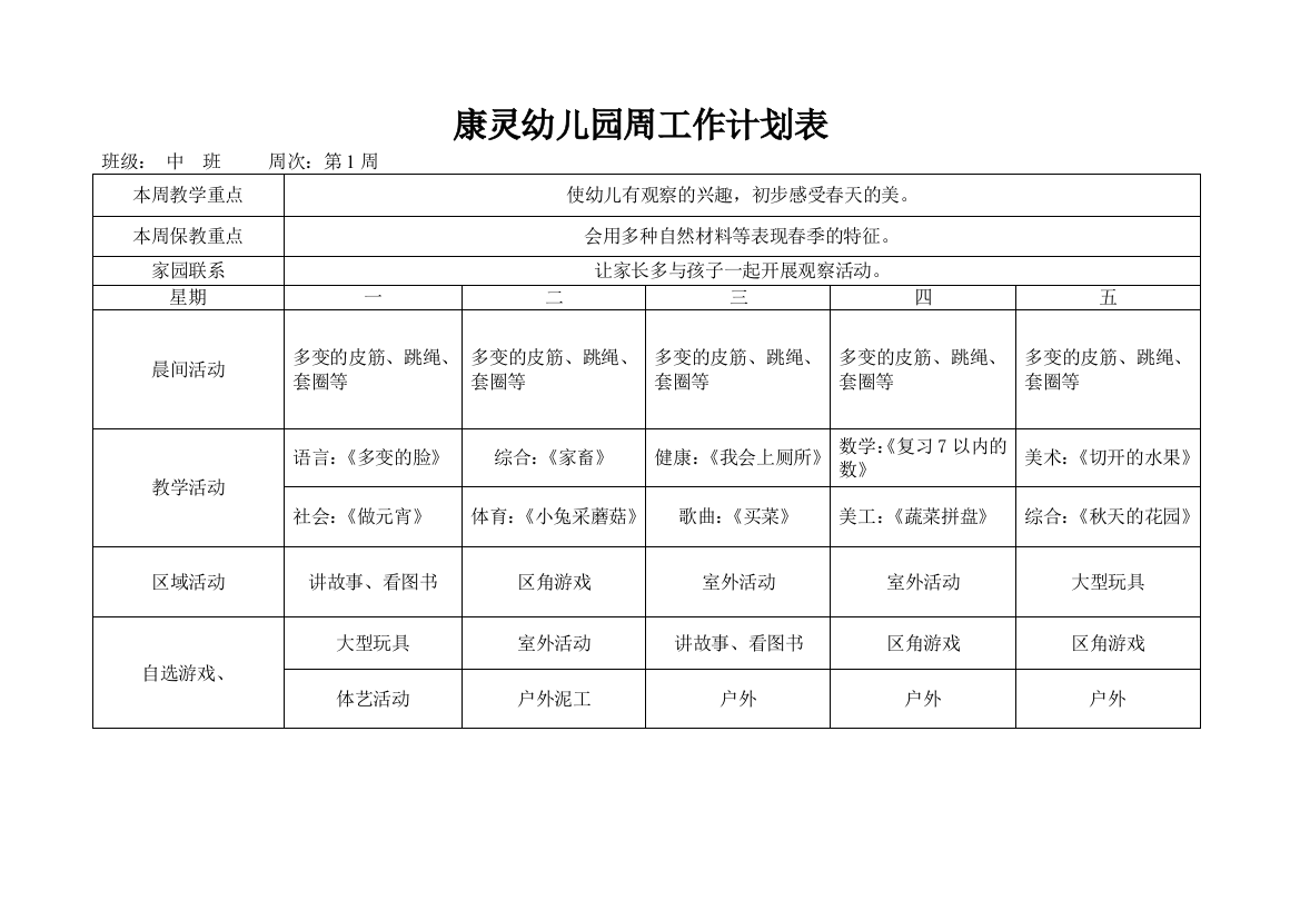 中班幼儿园春季周工作计划表