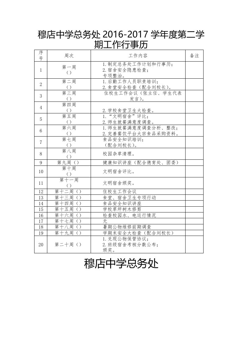 中学总务处-度第二学期工作行事历