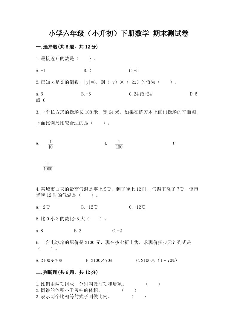 小学六年级（小升初）下册数学