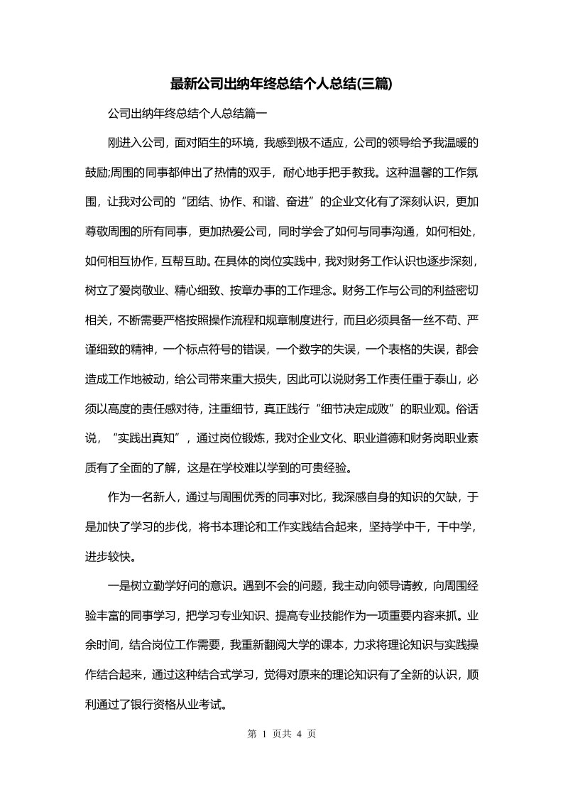 最新公司出纳年终总结个人总结三篇