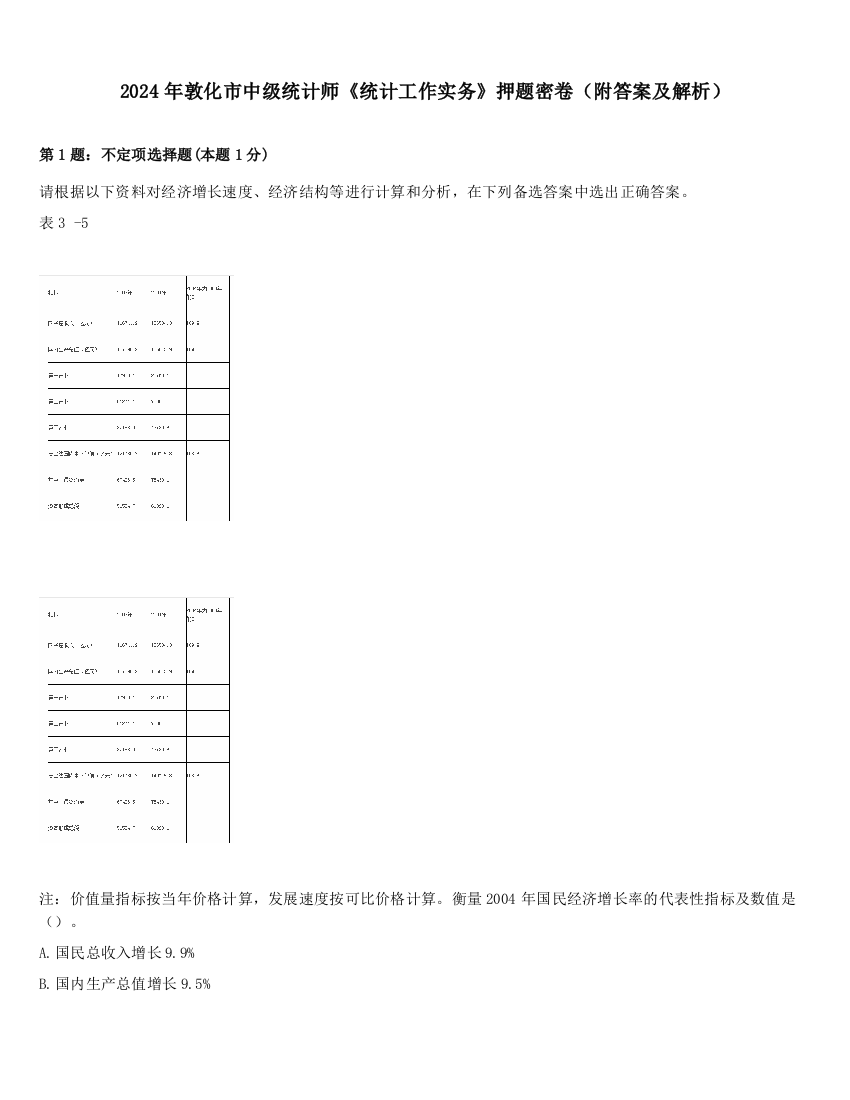 2024年敦化市中级统计师《统计工作实务》押题密卷（附答案及解析）