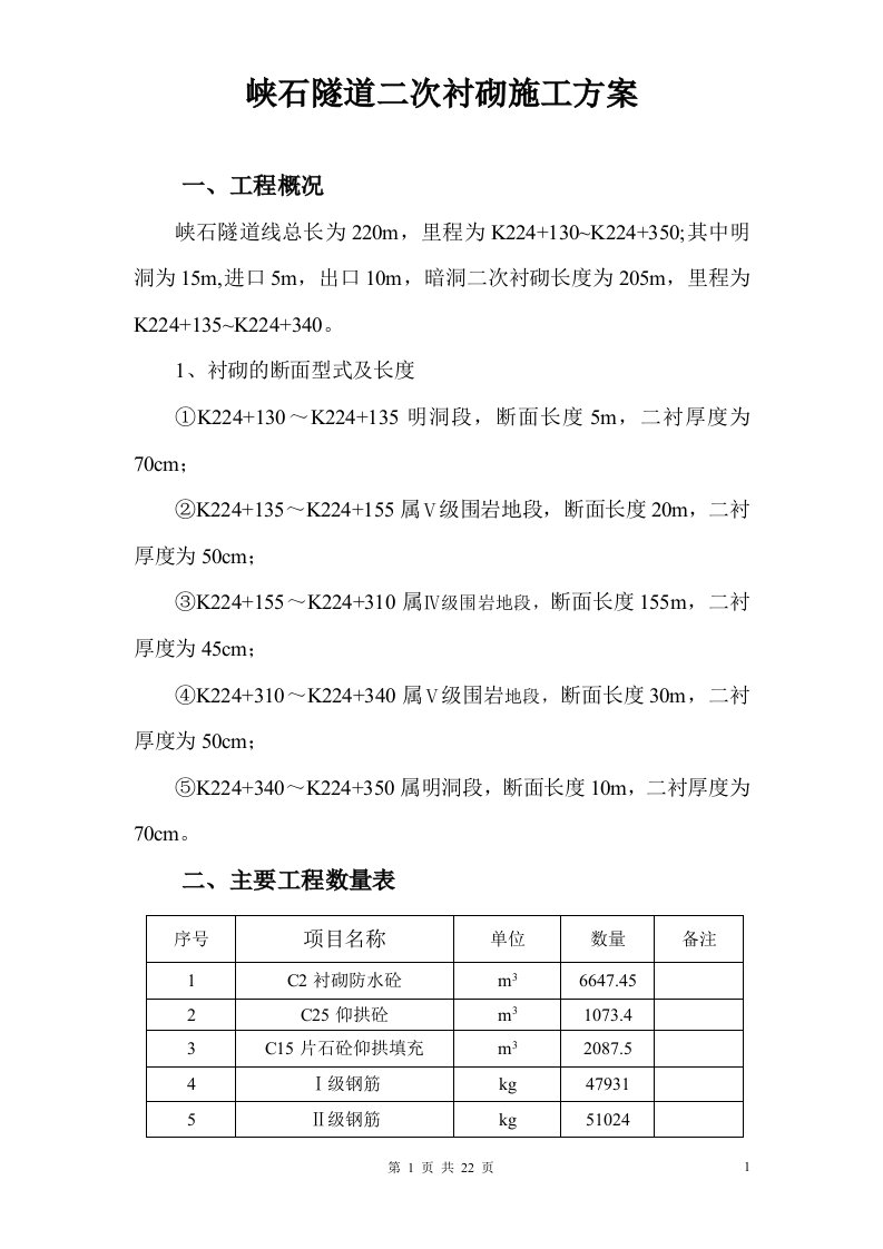 峡石隧道二次衬砌施工方案