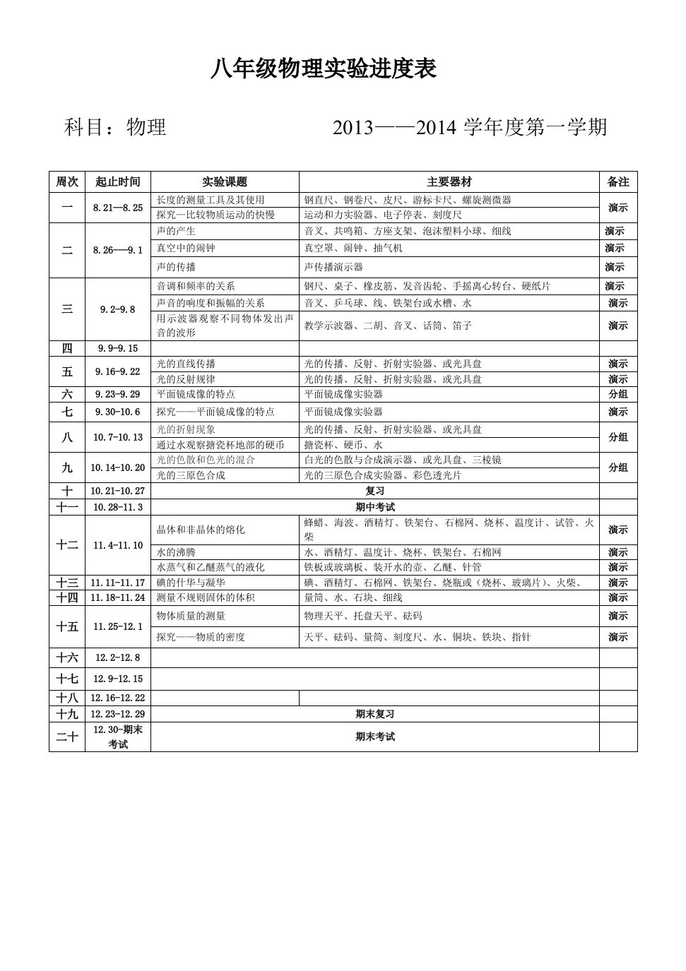 八年级物理实验教学进度表