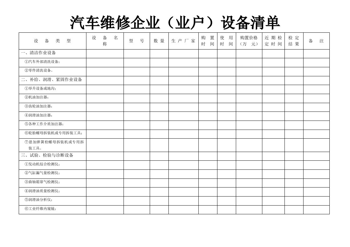 汽车维修企业（业户）设备清单