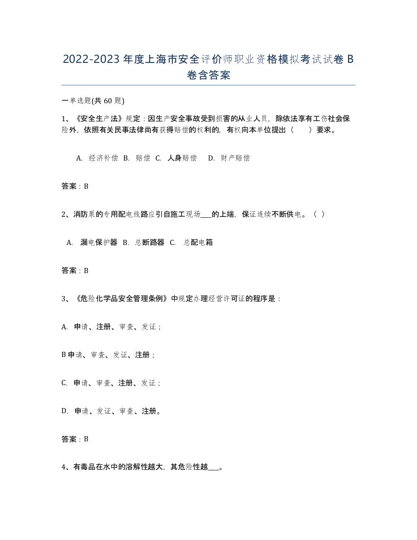 2022-2023年度上海市安全评价师职业资格模拟考试试卷B卷含答案