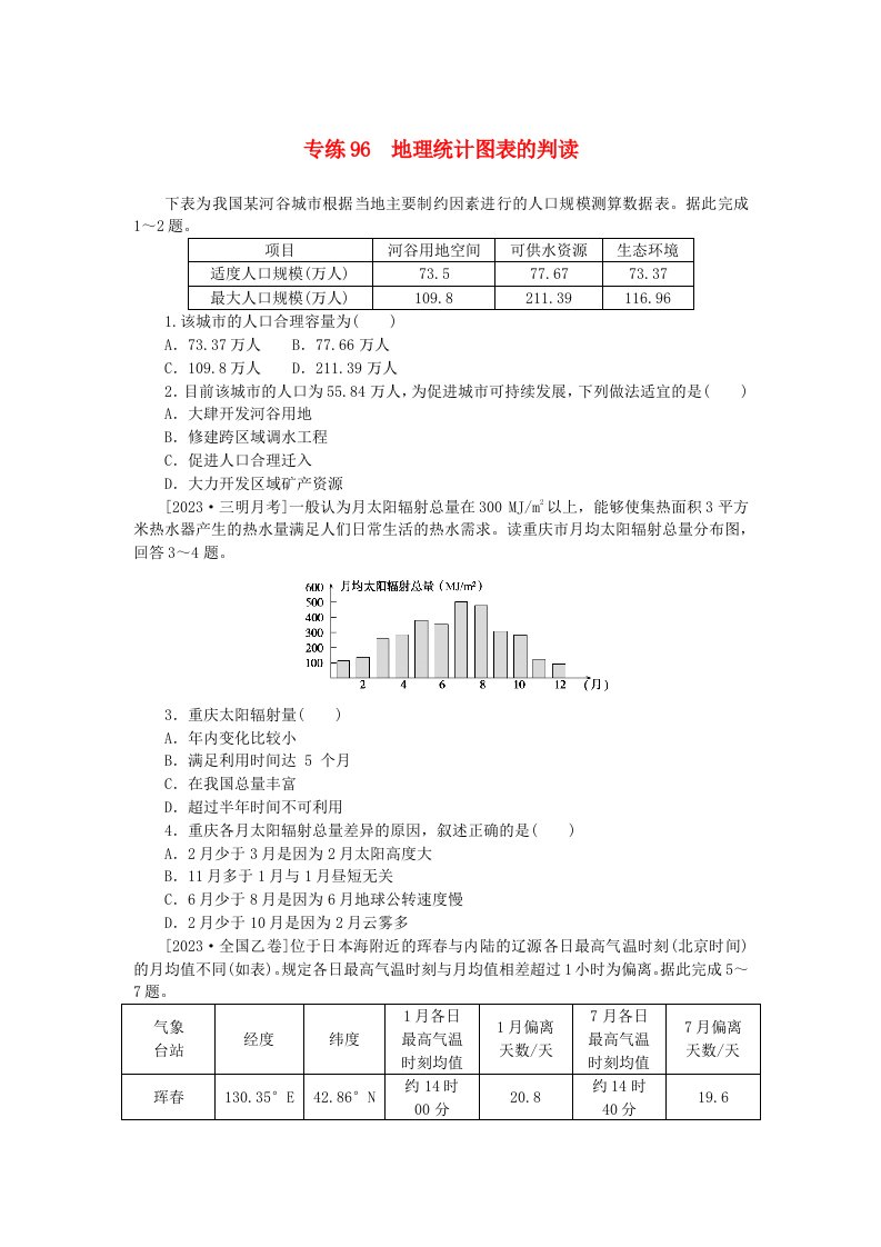 新高考2024版高考地理一轮复习微专题小练习专练96地理统计图表的判读