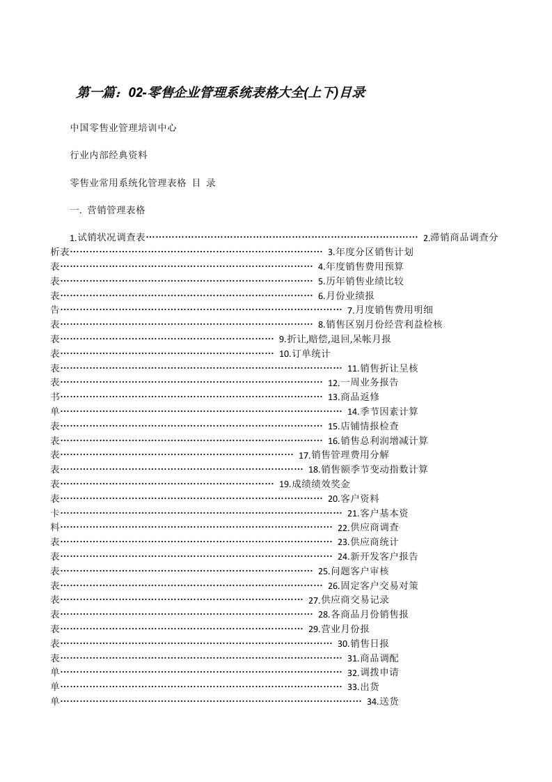 02-零售企业管理系统表格大全(上下)目录[修改版]