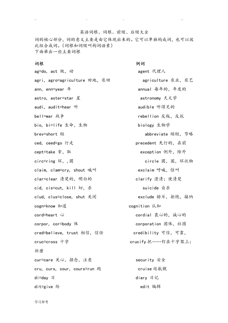 英语词根、词根、前缀、后缀大全