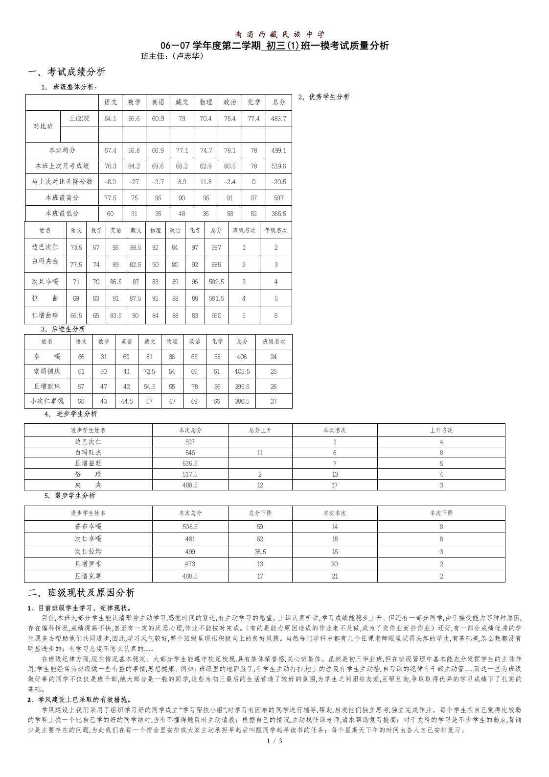 初三(1)班一模考试班主任质量分析[共4页]