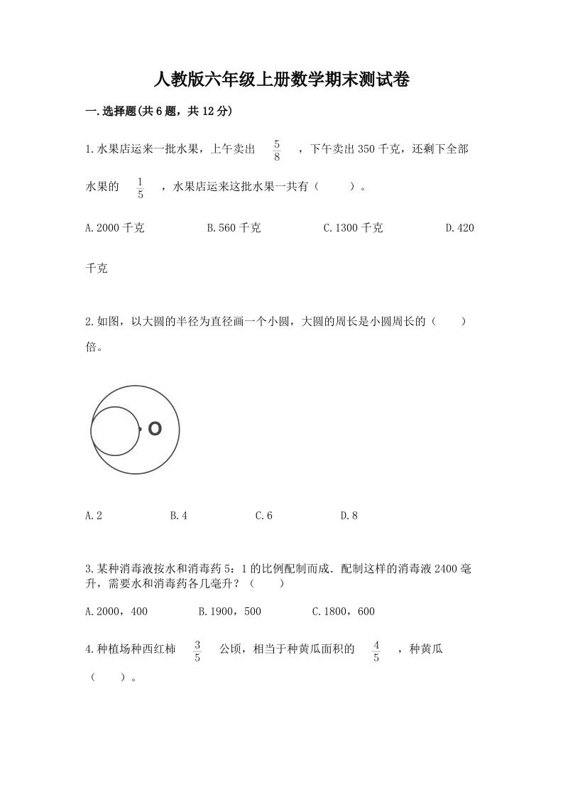 人教版六年级上册数学期末测试卷附完整答案（历年真题）