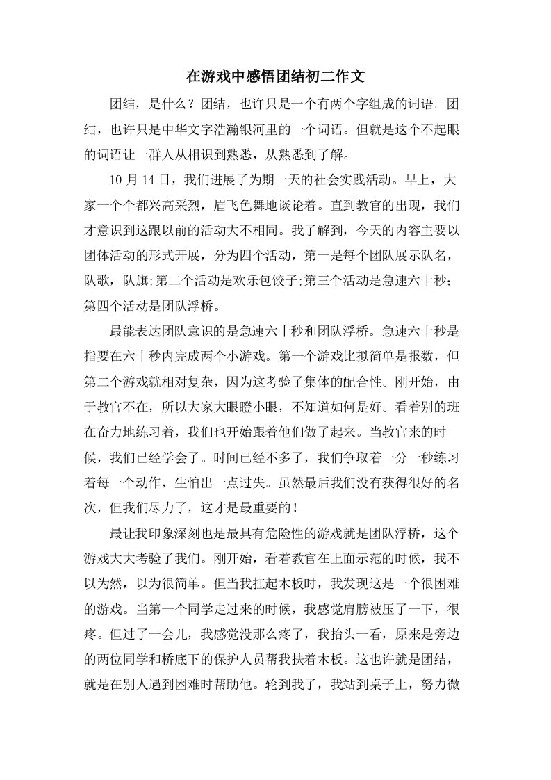 在游戏中感悟团结初二作文