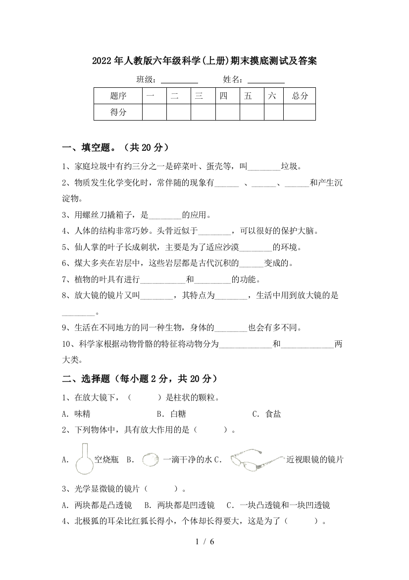 2022年人教版六年级科学(上册)期末摸底测试及答案