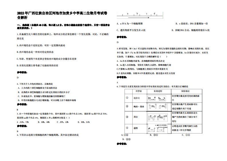 2022年广西壮族自治区河池市加贵乡中学高二生物月考试卷含解析