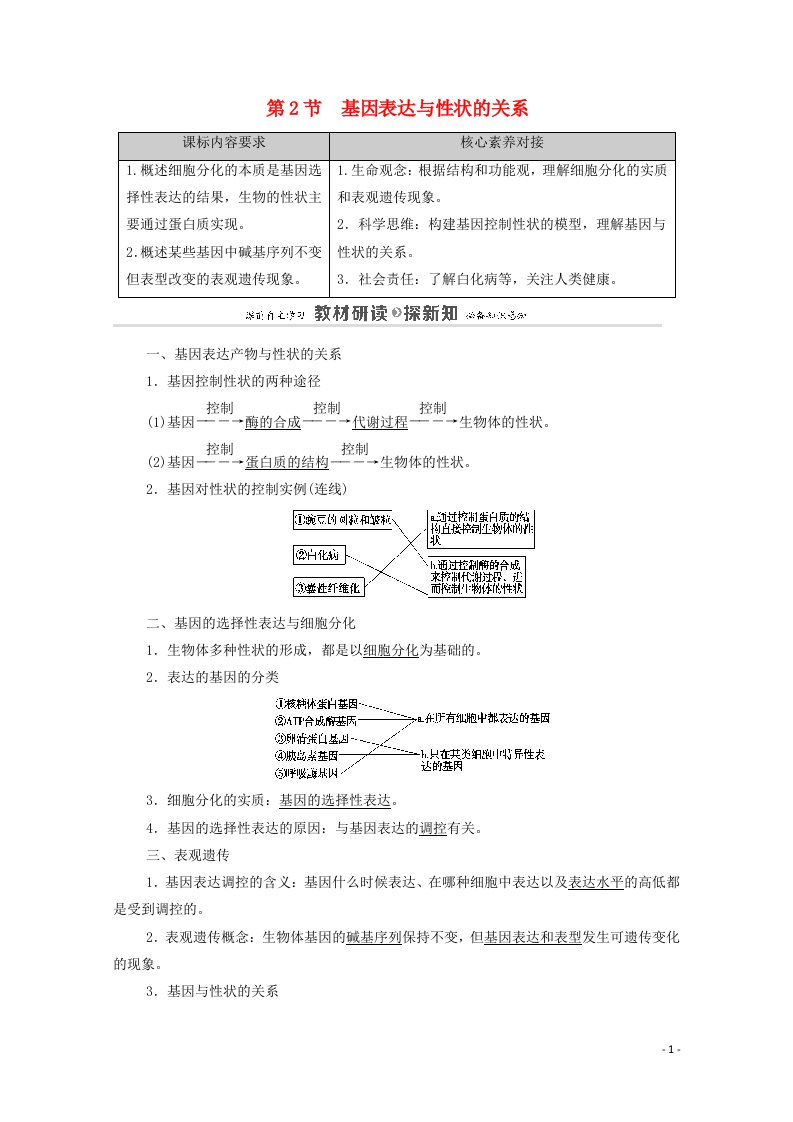 2020_2021学年新教材高中生物第4章基因的表达第2节基因表达与性状的关系教案新人教版必修2