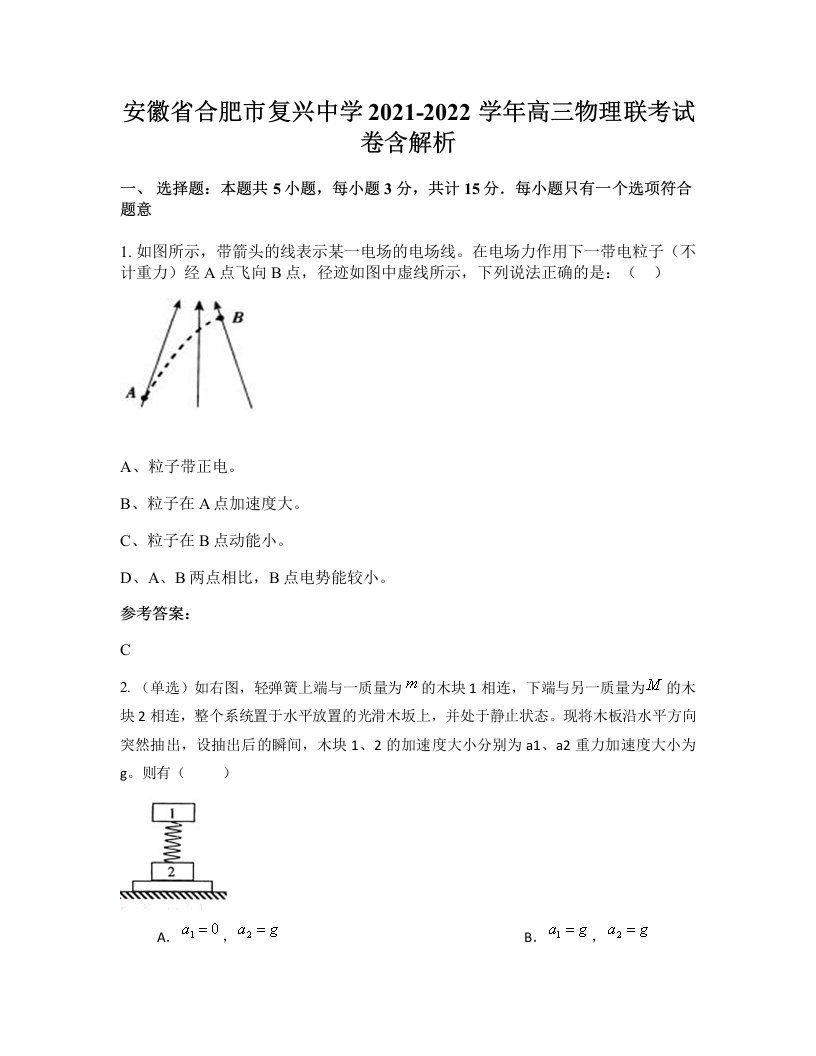 安徽省合肥市复兴中学2021-2022学年高三物理联考试卷含解析