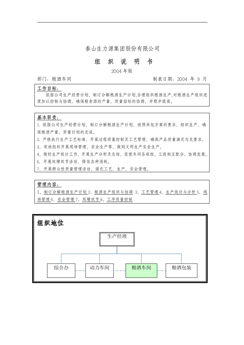 泰山生力源集团股份有限公司粮酒车间组织说明书