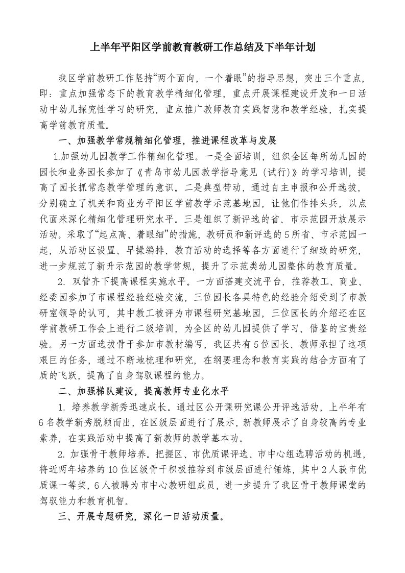 上半年平阳区学前教育教研工作总结及下半年计划