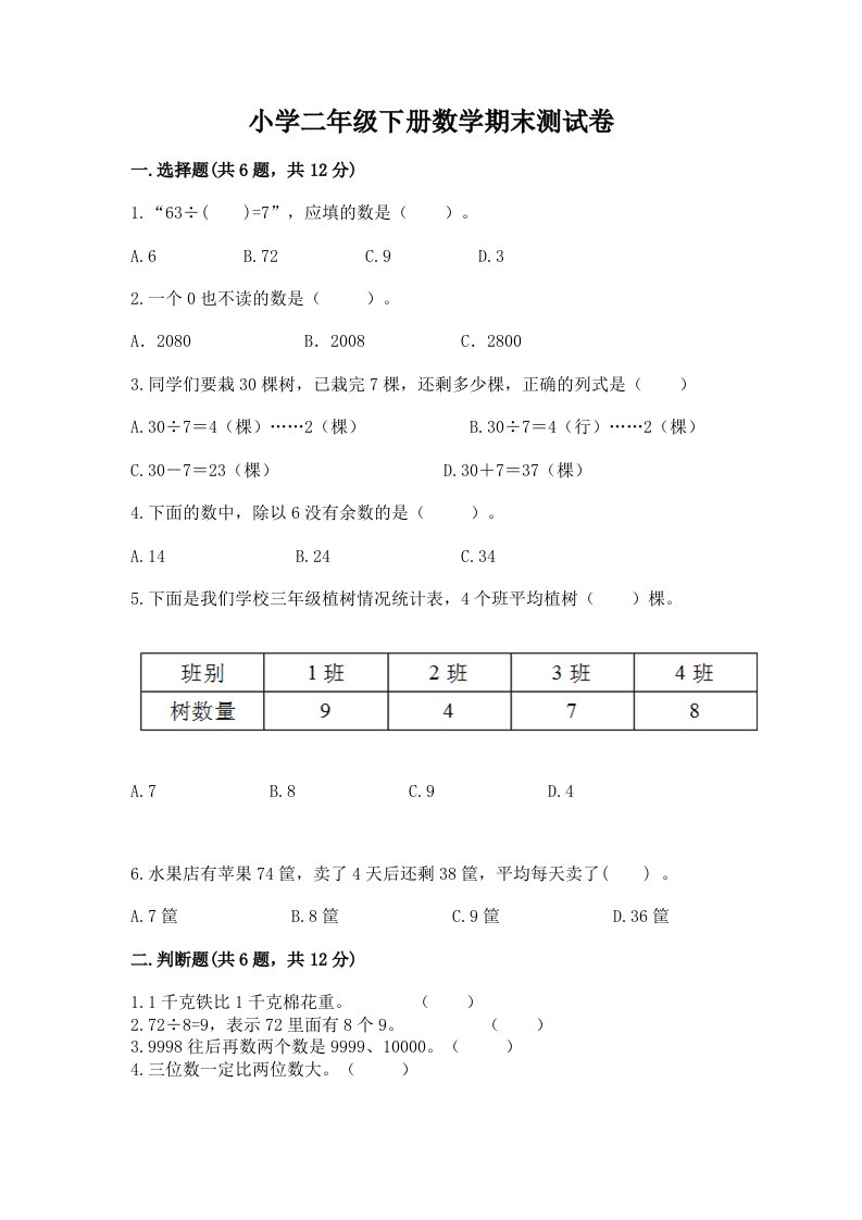 小学二年级下册数学期末测试卷加解析答案