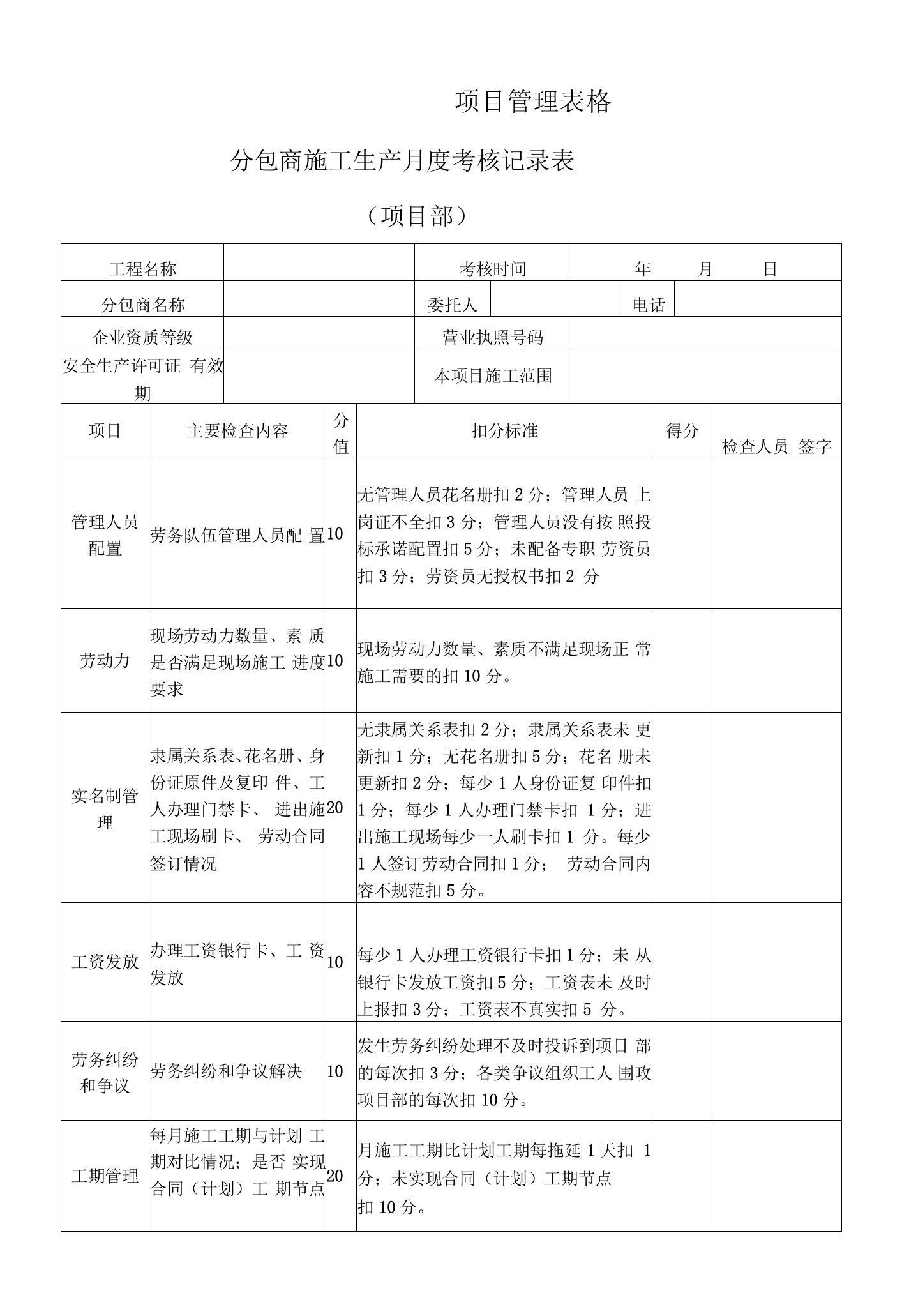 分包商考核记录表（项目部施工生产）