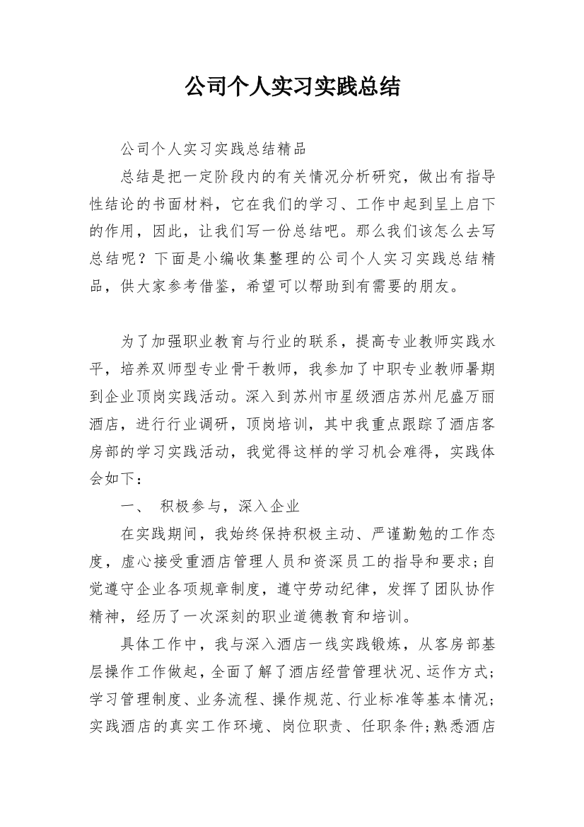 公司个人实习实践总结