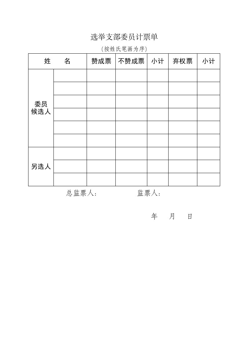 选举支部委员计票单