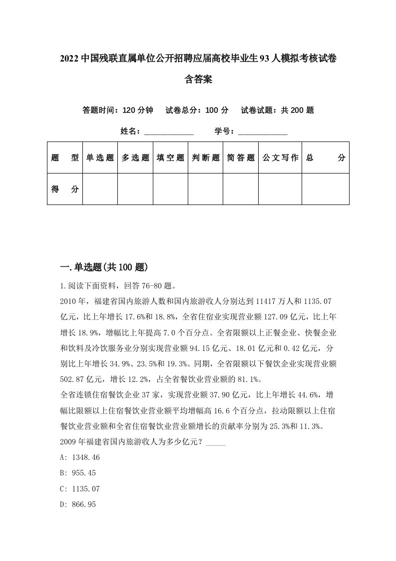 2022中国残联直属单位公开招聘应届高校毕业生93人模拟考核试卷含答案8