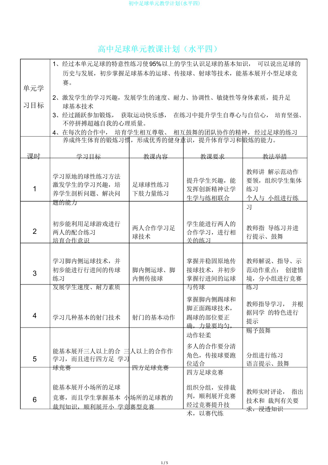 初中足球单元教学计划水平四