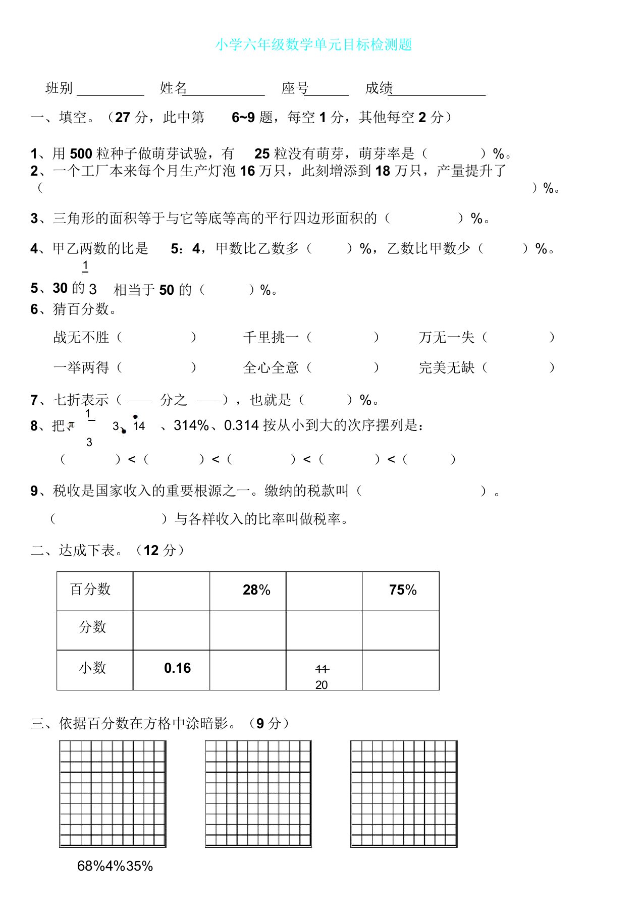 人教版六年级上册数学第六单元测试题