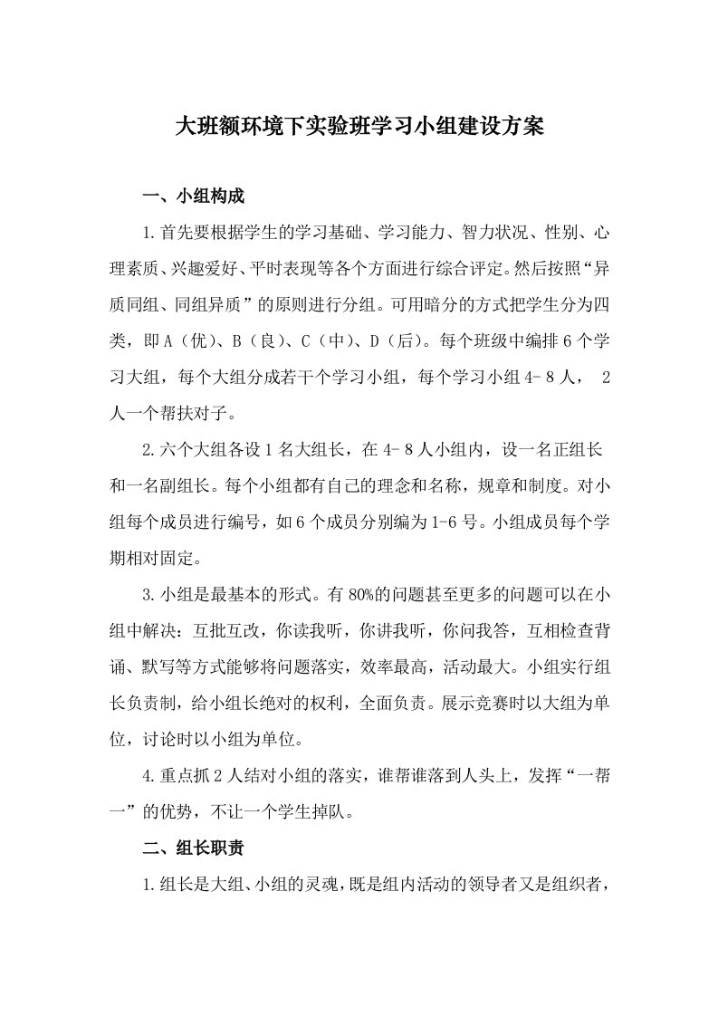 大班额环境下实验班学习小组建设方案