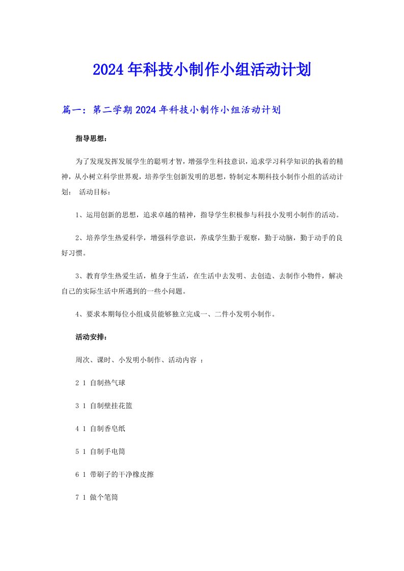 2024年科技小制作小组活动计划