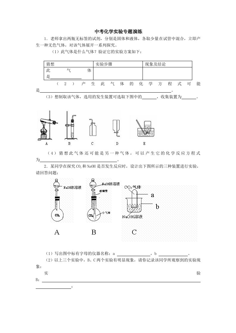 中考化学实验专题演练