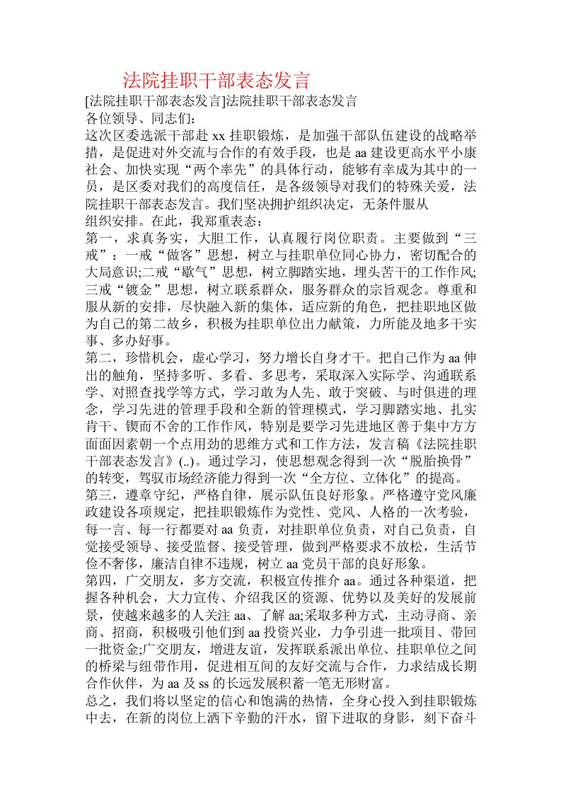 法院挂职干部表态发言