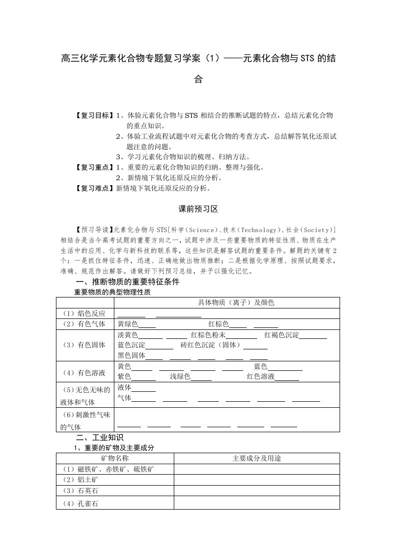 苏教版高三化学元素化合物专题复习学案1——元素化合物与STS的结合