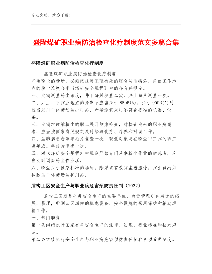 盛隆煤矿职业病防治检查化疗制度范文多篇合集