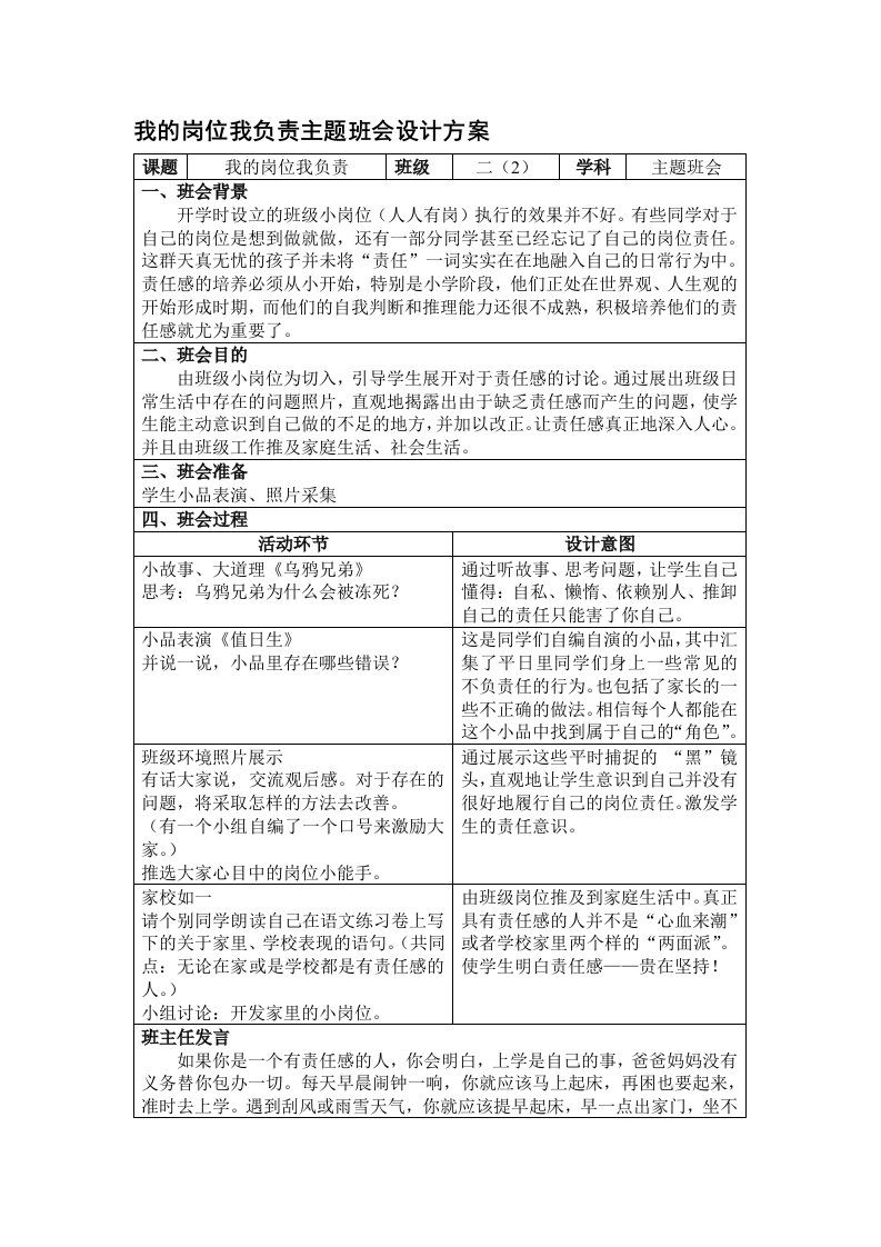 《我的岗位我负责》主题班会设计方案